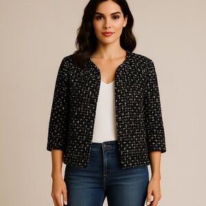 Talbots Black and White Boucle Tweed Open Front Jacket NWT